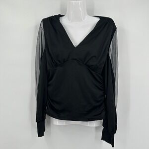 Womens Babydoll Top Size L Sheer Mesh Sleeves Ruched Blouse Elegant Party‎ Club